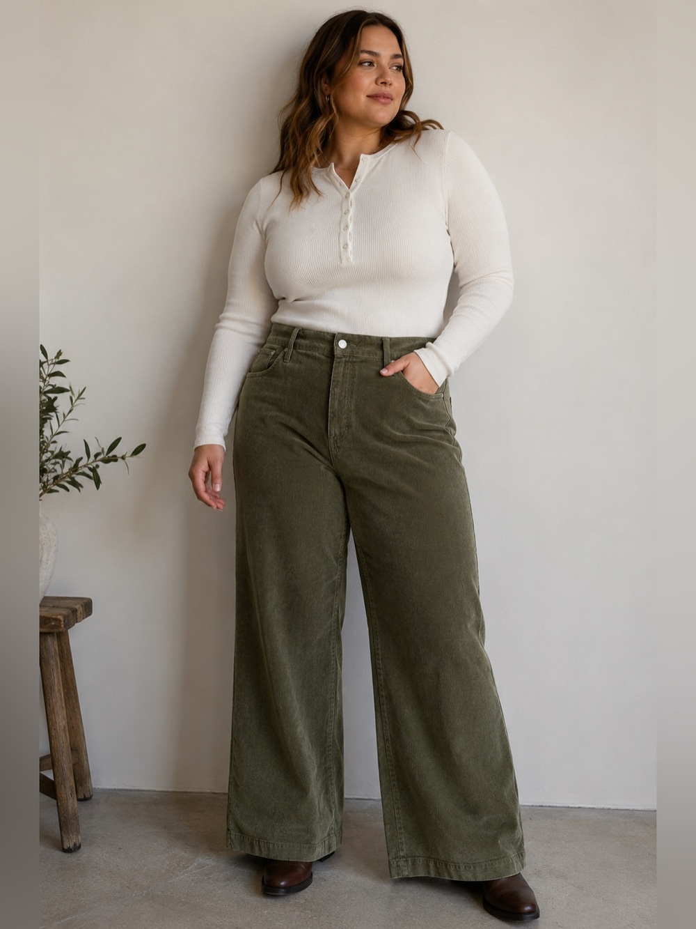 J.Crew Olive Green Corduroy Wide Leg Pants High Rise Minimalist Cottagecore 34